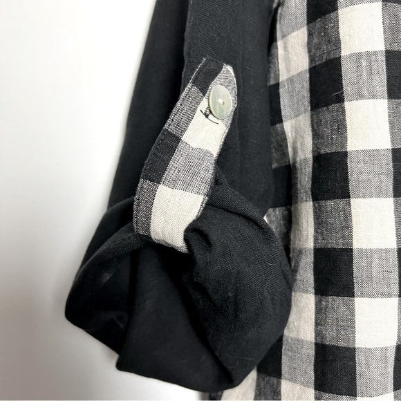 Toofan 100% Linen Black and Natural Checkered Block Print Lagenlook Artsy Top - Picture 5 of 11